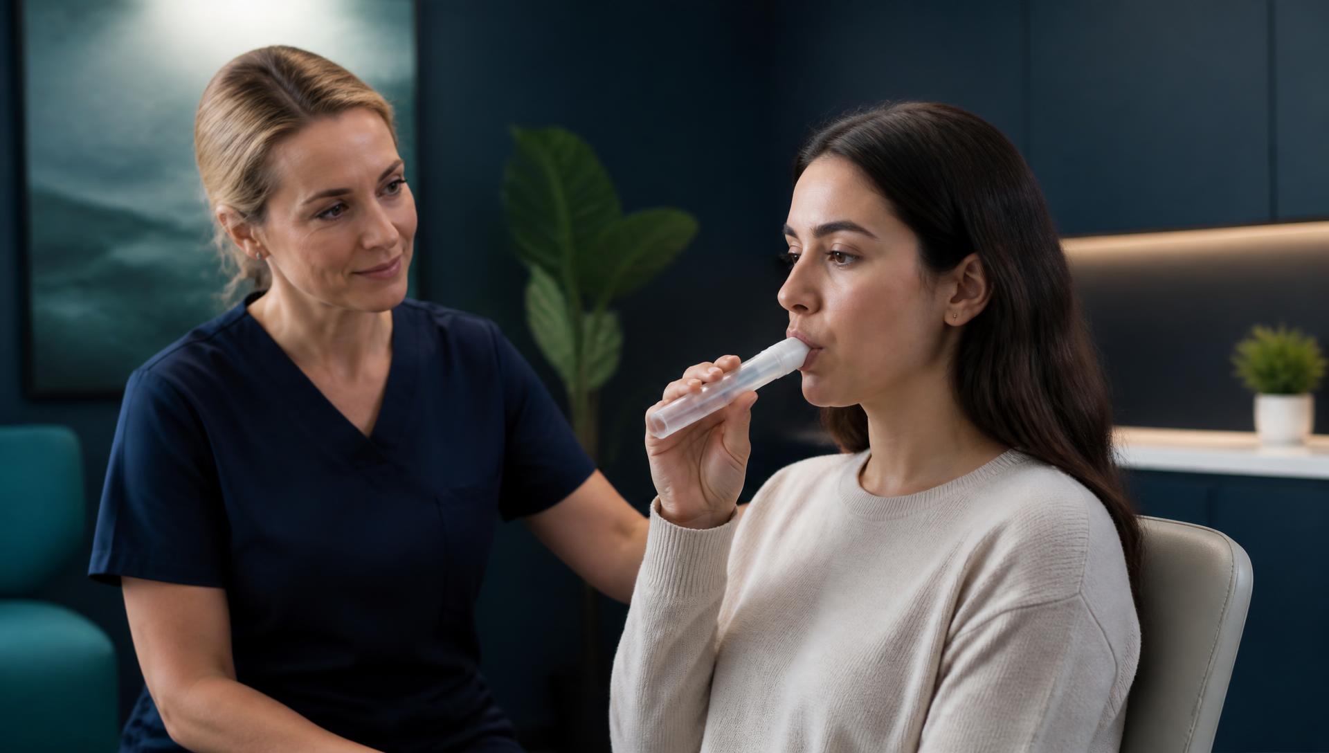 Profissional de saúde segurando material de coleta do teste respiratório